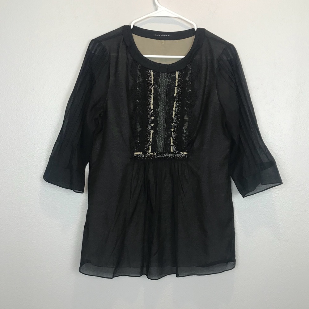 Elie Tahari Black Sheer Silk Top with Suede Detail